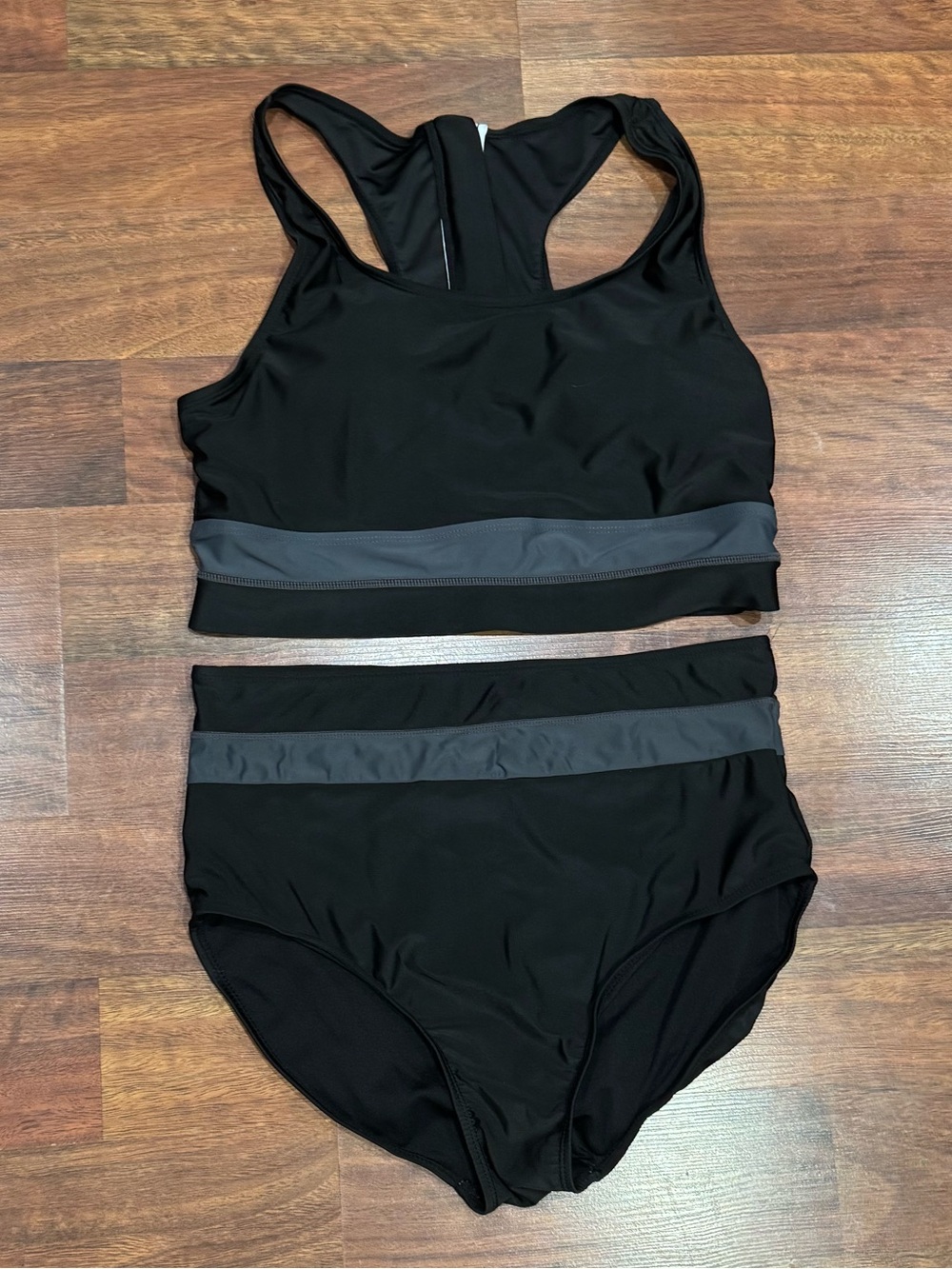 High-Waist Two-Piece Sporty Swim Set in Black with Gray Accent